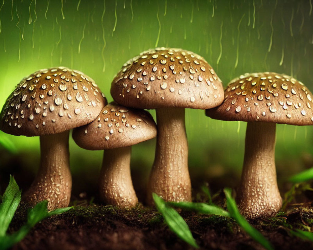 Brown Mushrooms with Water Droplets on Caps Against Green Background