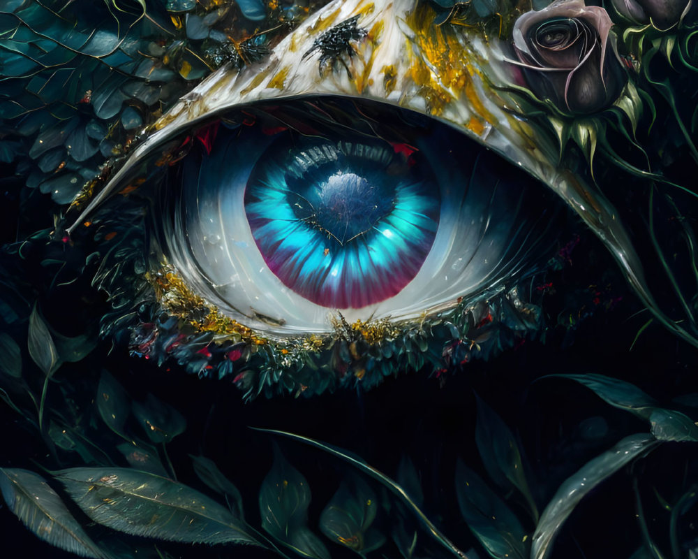 Blue eye with leaves, roses, butterfly on golden splash