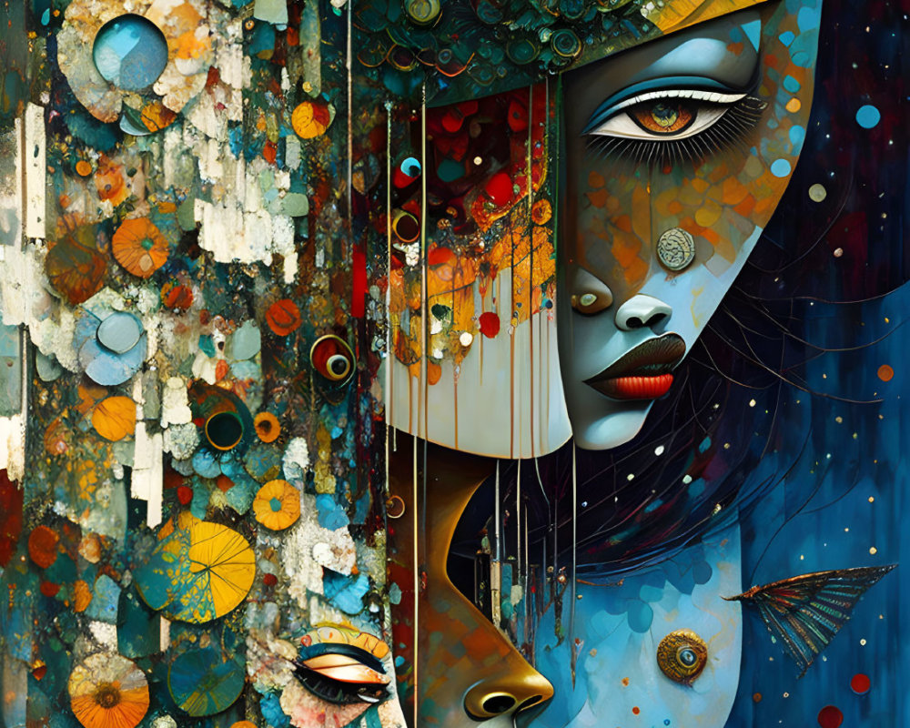 Vibrant composite artwork of stylized female faces with celestial and mechanical elements