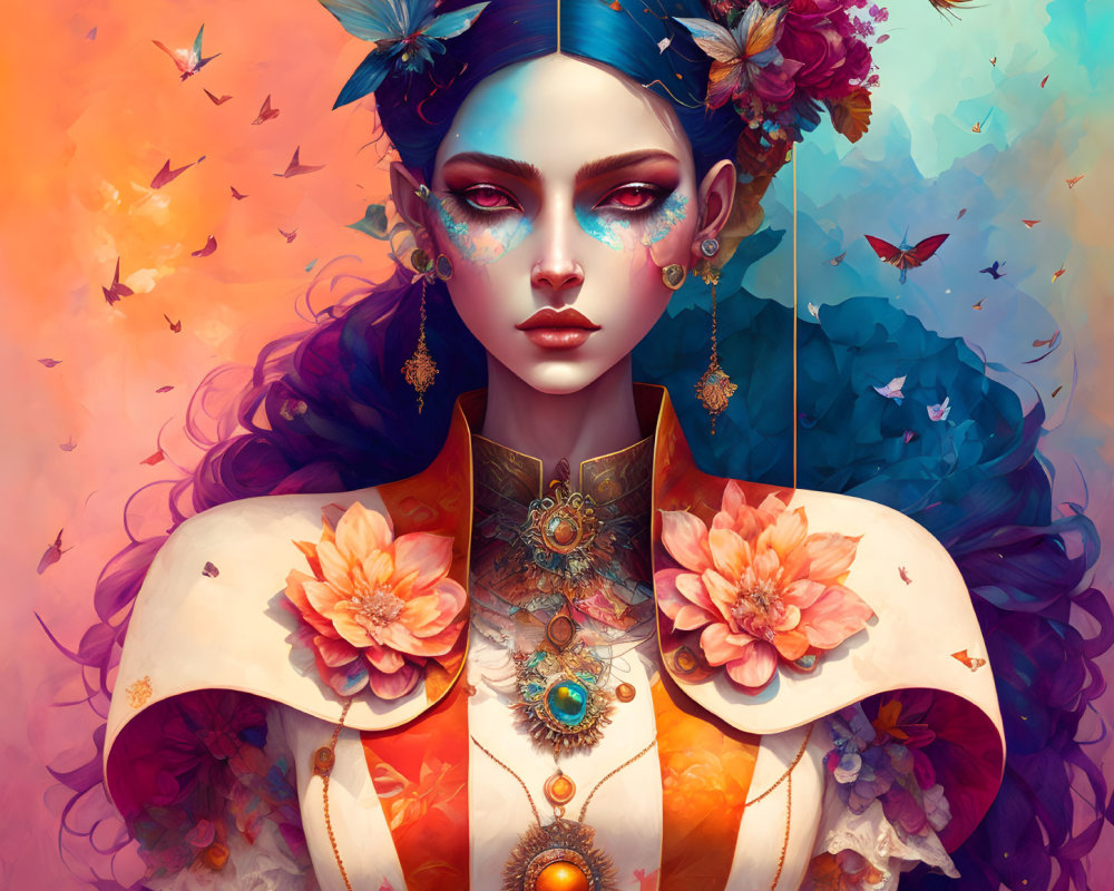 Colorful digital portrait of woman with blue hair, flowers, butterflies, and surreal background