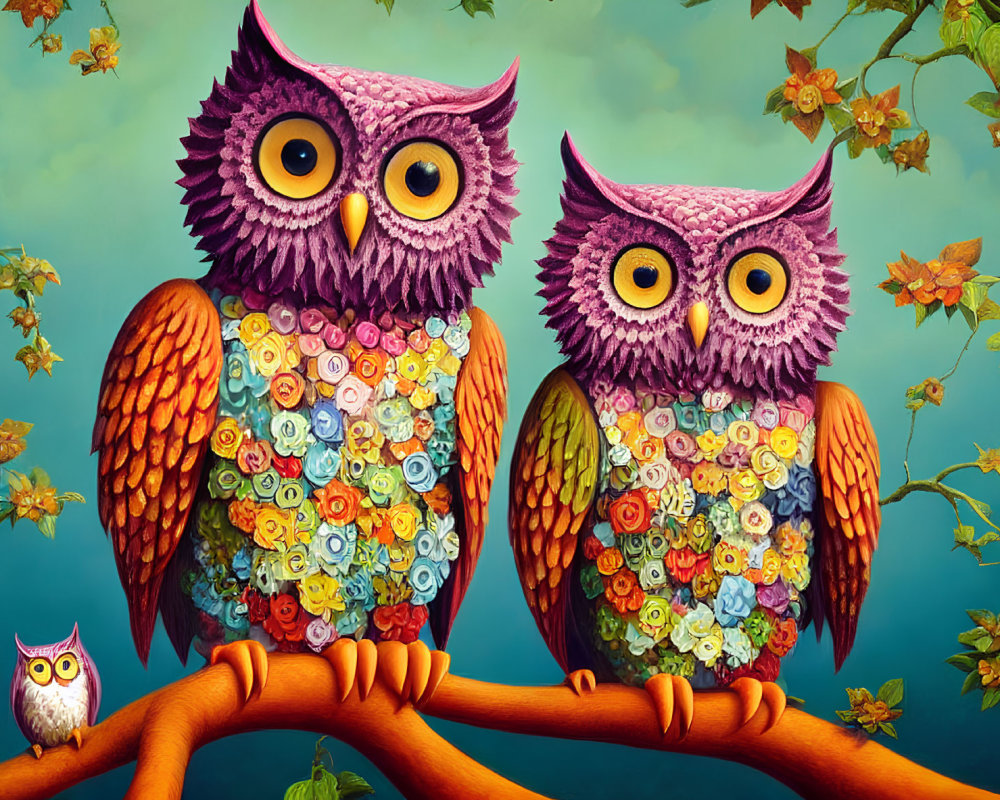 Colorful Stylized Owls on Branch with Floral Patterns in Blue Setting