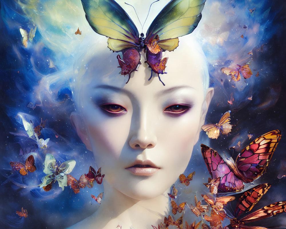 Surreal portrait of figure with pale skin and purple eyes surrounded by vibrant butterflies on cosmic background