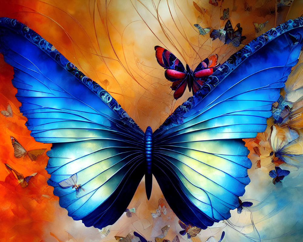 Colorful Blue Butterfly Surrounded by Smaller Ones on Fiery Background