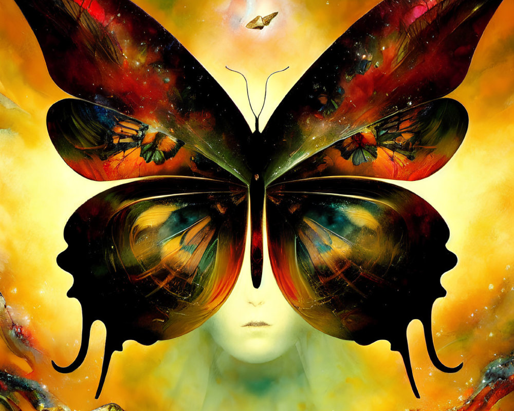 Surreal face with butterfly eyes on fiery background