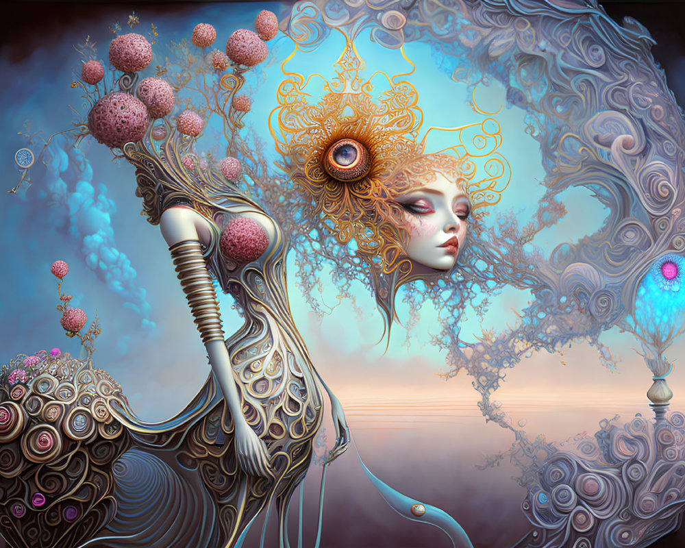 Surreal digital artwork: Woman's face, intricate details, fantastical landscape