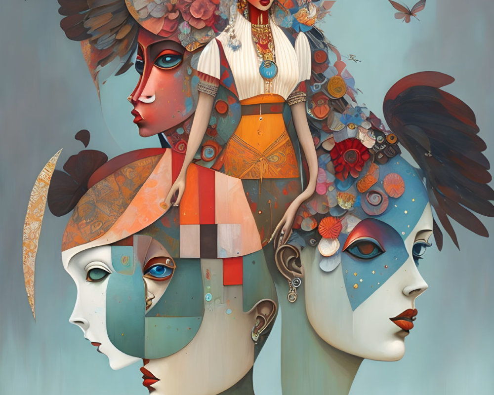 Colorful digital artwork: Three female figures with ornate headdresses, flowers, and birds.