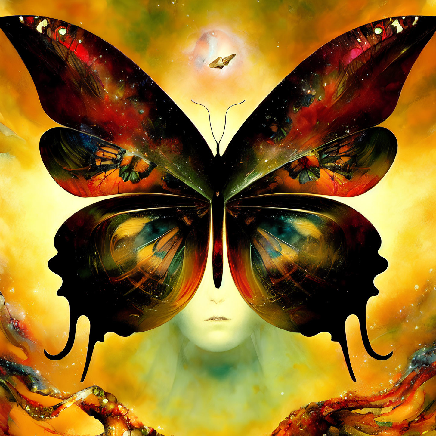 Surreal face with butterfly eyes on fiery background