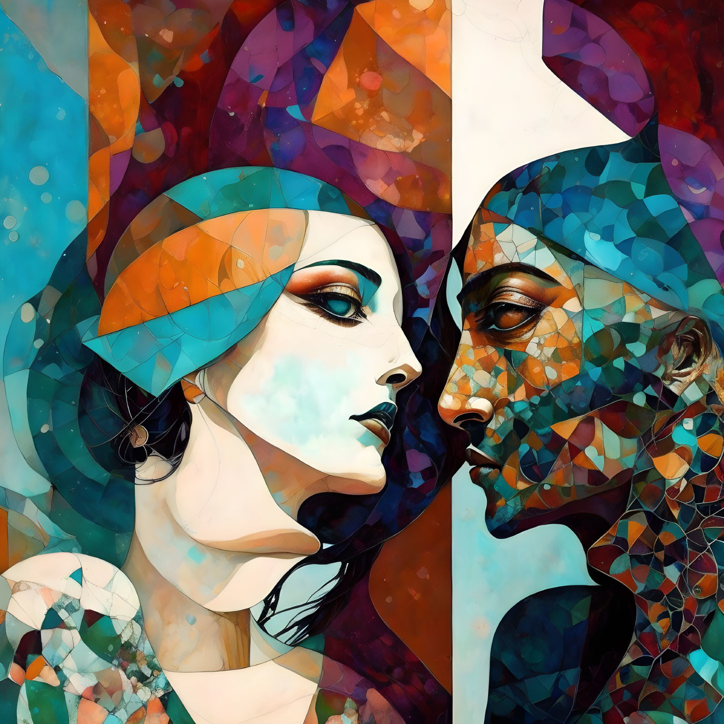 Vibrant abstract art: man and woman's faces in geometric mosaic