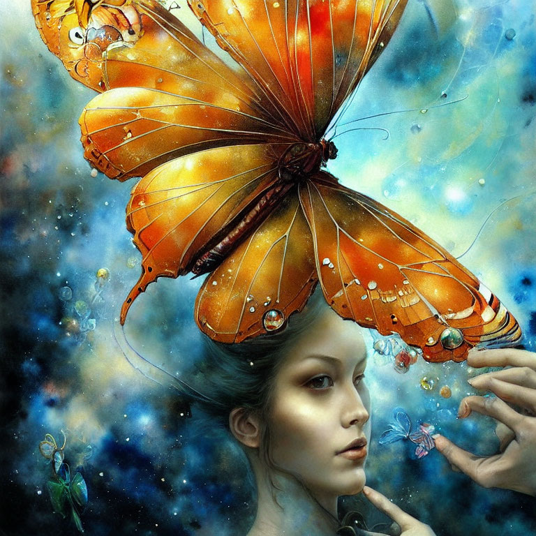 Surreal painting of woman with butterfly wings in starry backdrop