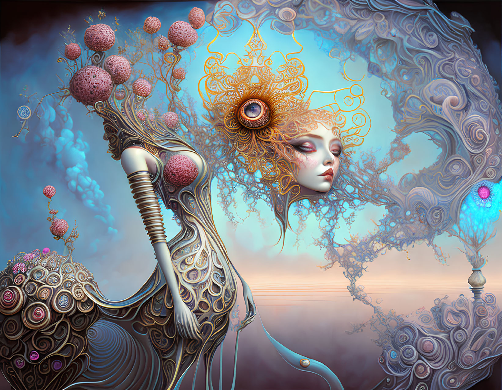 Surreal digital artwork: Woman's face, intricate details, fantastical landscape