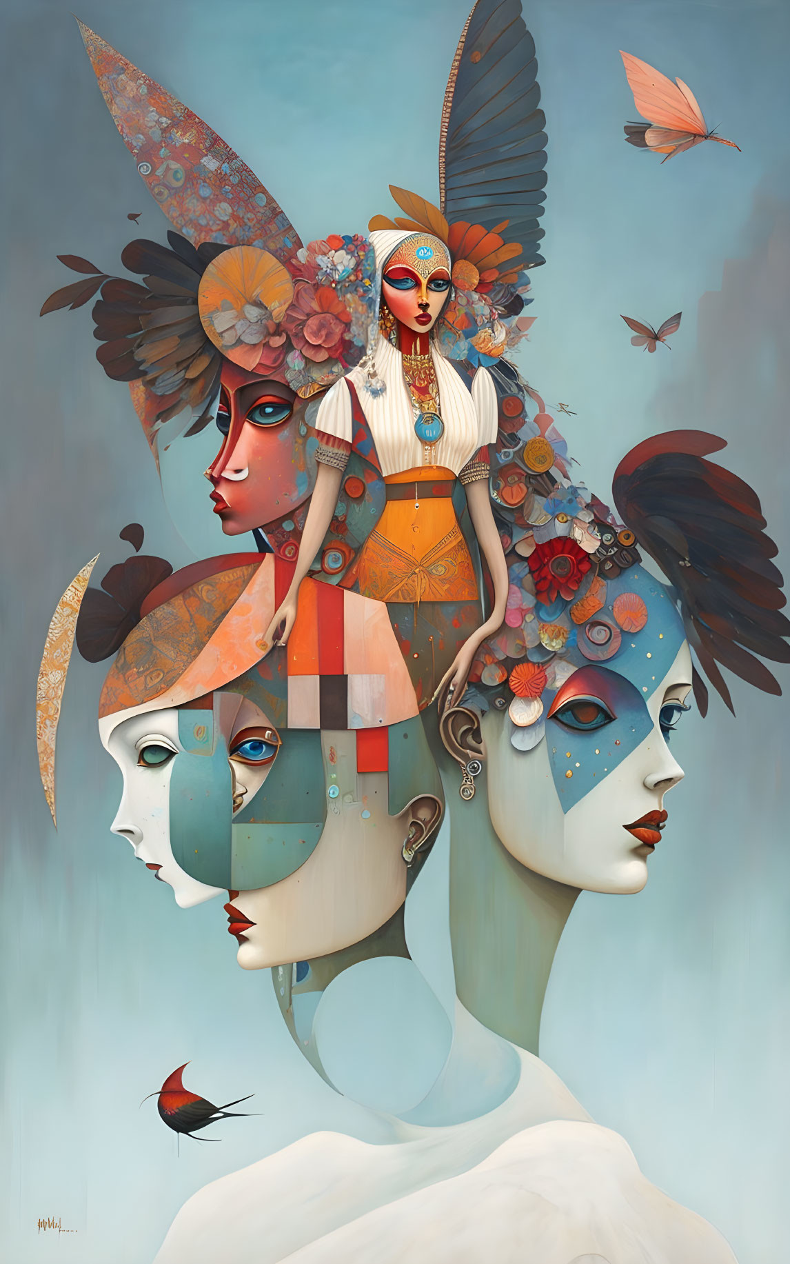 Colorful digital artwork: Three female figures with ornate headdresses, flowers, and birds.