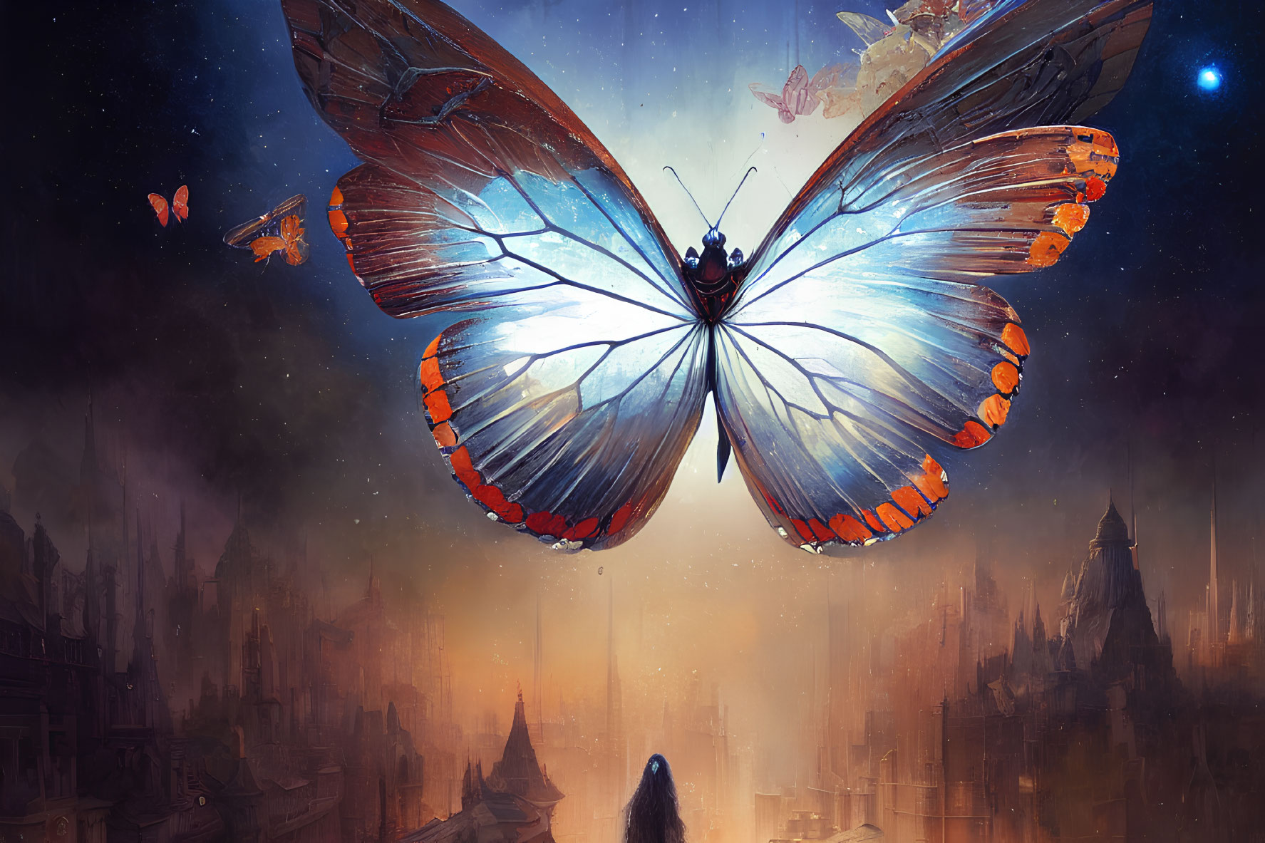 Giant butterfly in surreal cityscape with smaller butterflies and figure at dusk