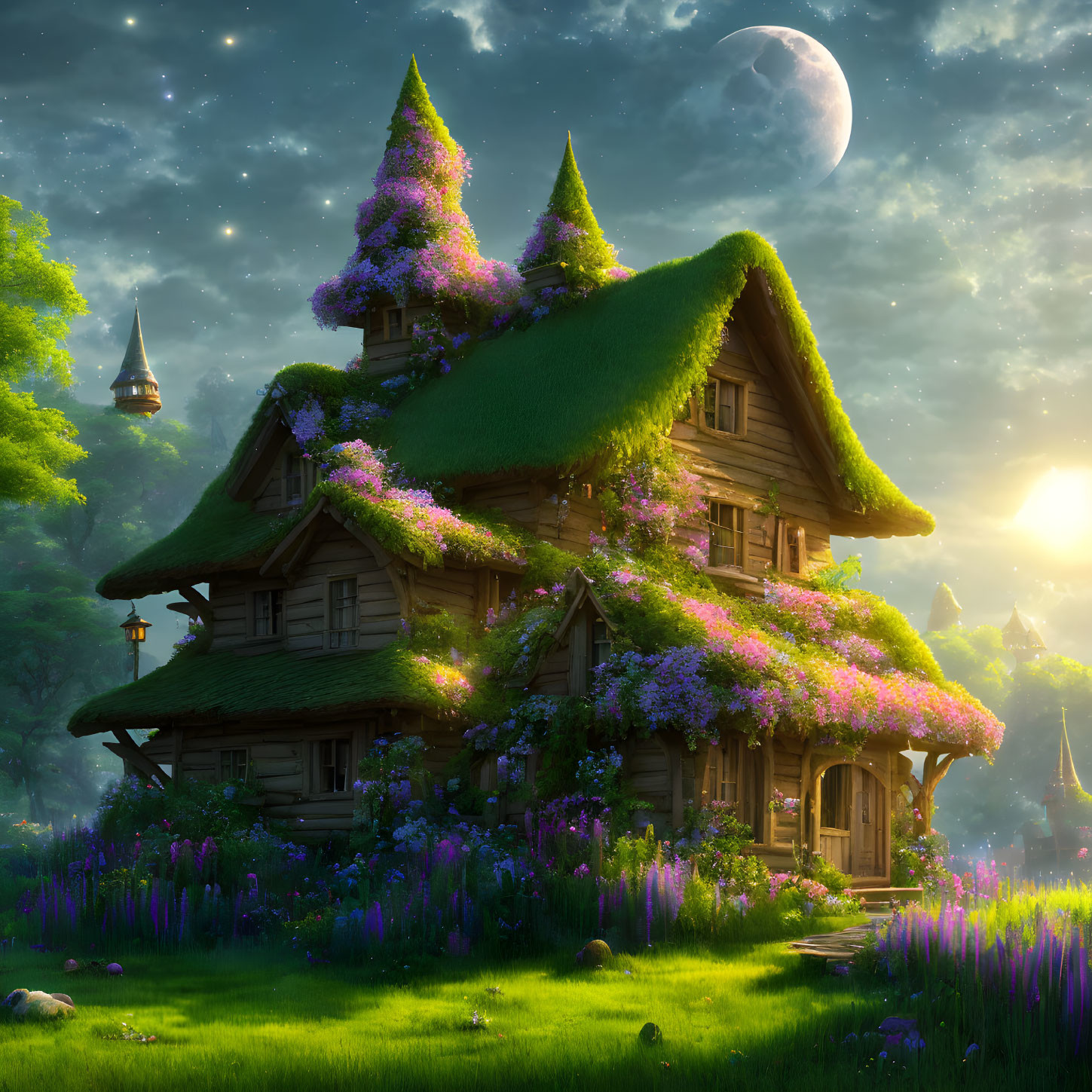 Purple Flower and Moss-Covered Cottage in Magical Forest