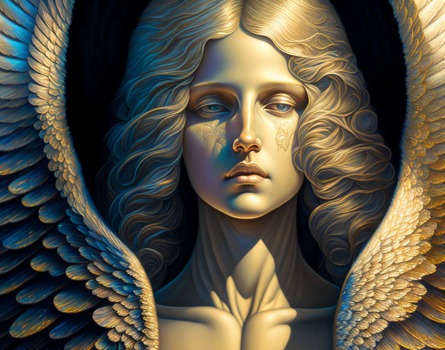 Detailed Illustration: Angel with Golden Curly Hair, Somber Expression, Blue Eyes, & Intr