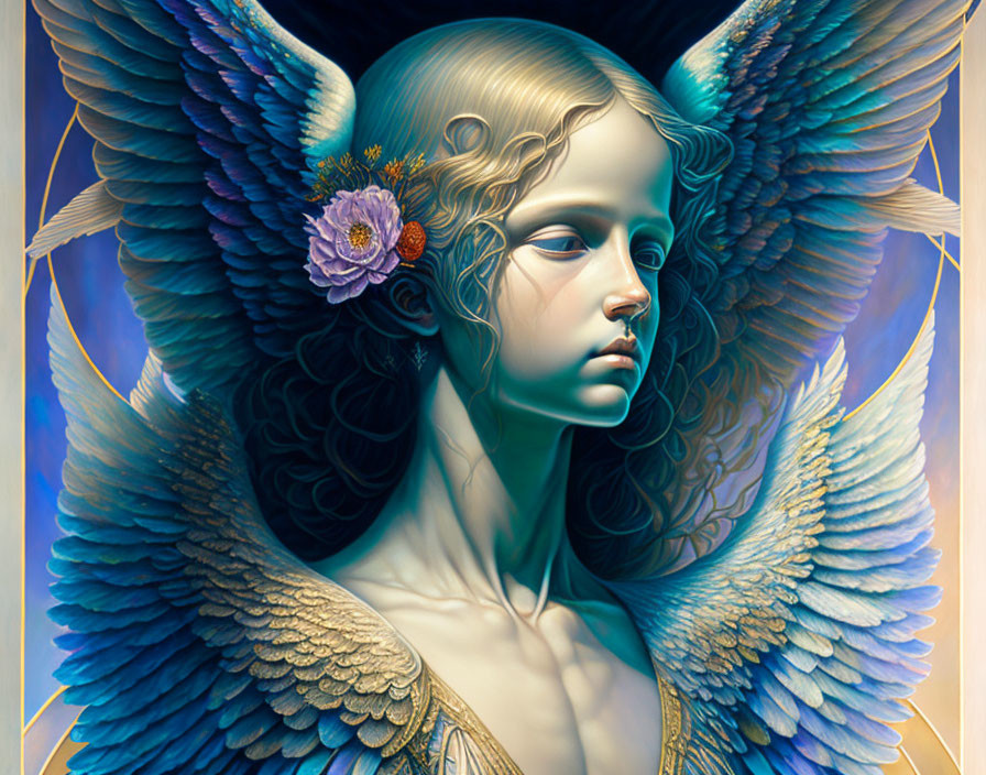 Surreal portrait of angelic figure with blue wings and serene expression