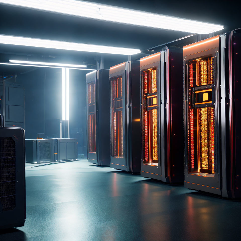 Modern server room with orange glowing racks and blue ambient lighting