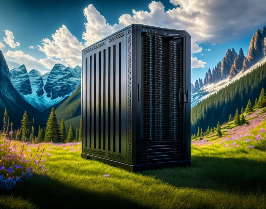 Modern data server in surreal landscape with mountains and purple flowers