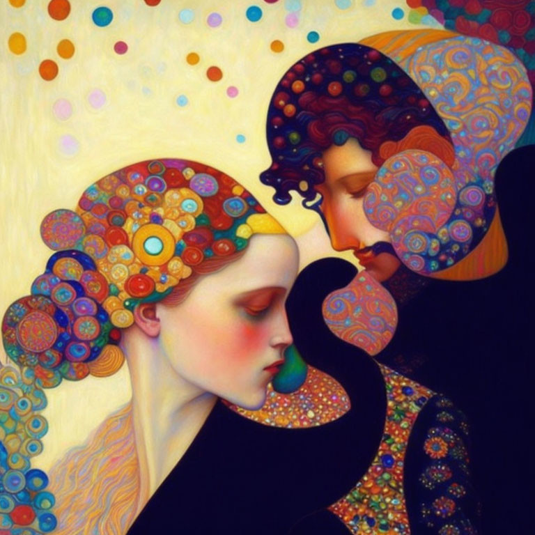 Vibrant painting of two figures with patterned hair and clothing in a tender pose