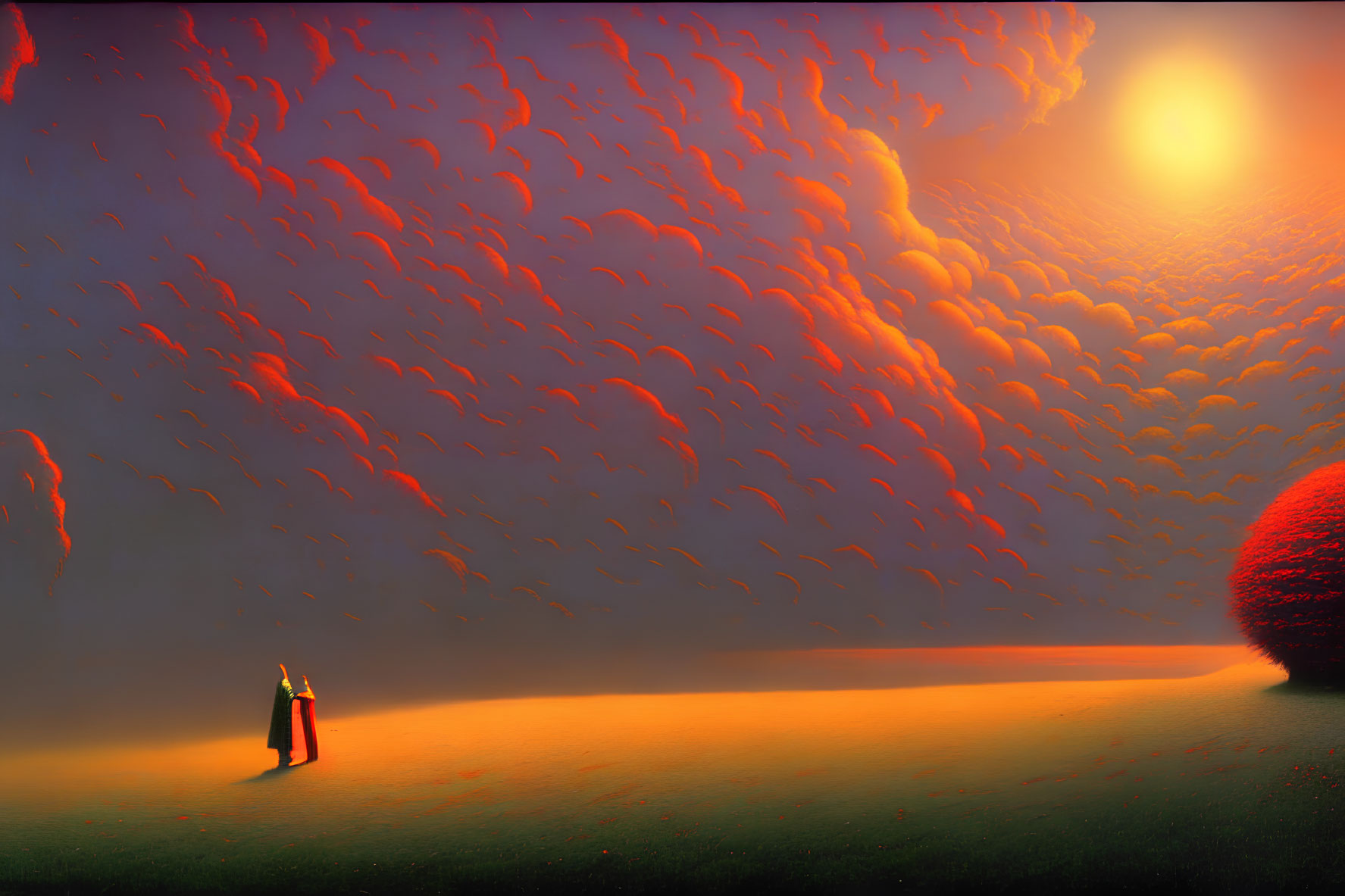 Surreal landscape with solitary figure under textured sunset sky