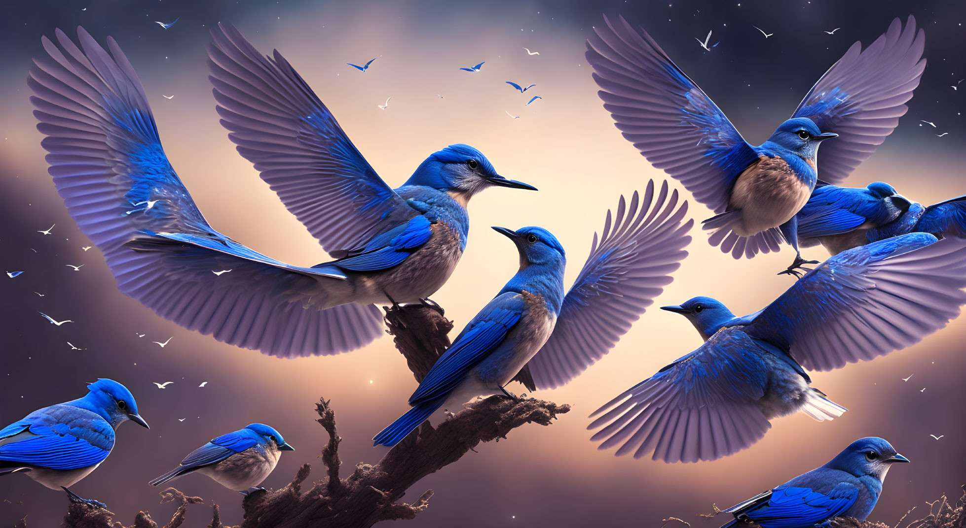 Vibrant blue birds in mid-flight against twilight sky