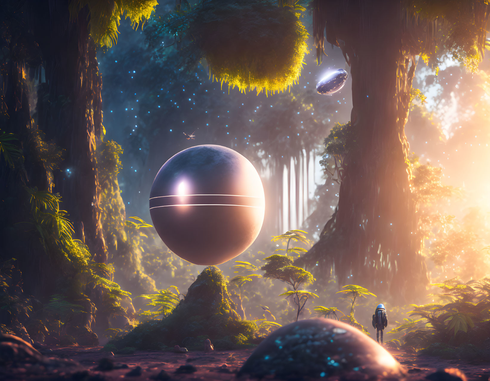 Enchanting forest with towering trees, sunlight, stars, futuristic orbs, and lone explorer