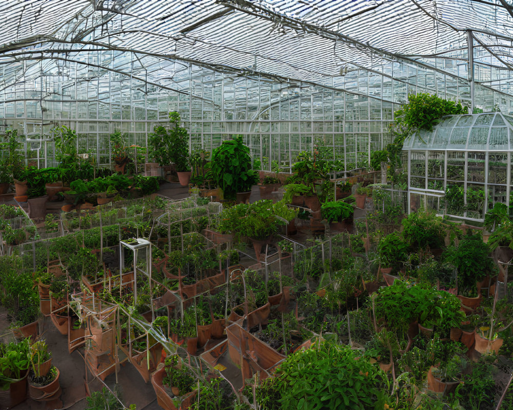 Greenhouse with Potted Plants and Transparent Roof Structure