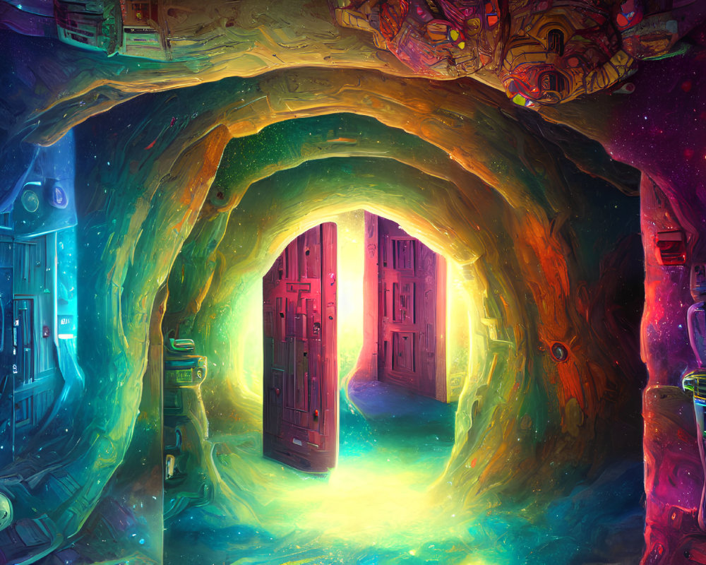 Fantastical glowing cave with mystical doorway and floating objects