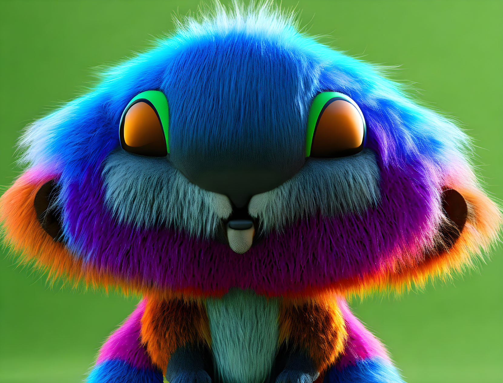 Vibrant furry creature with large green eyes and blue & purple fur