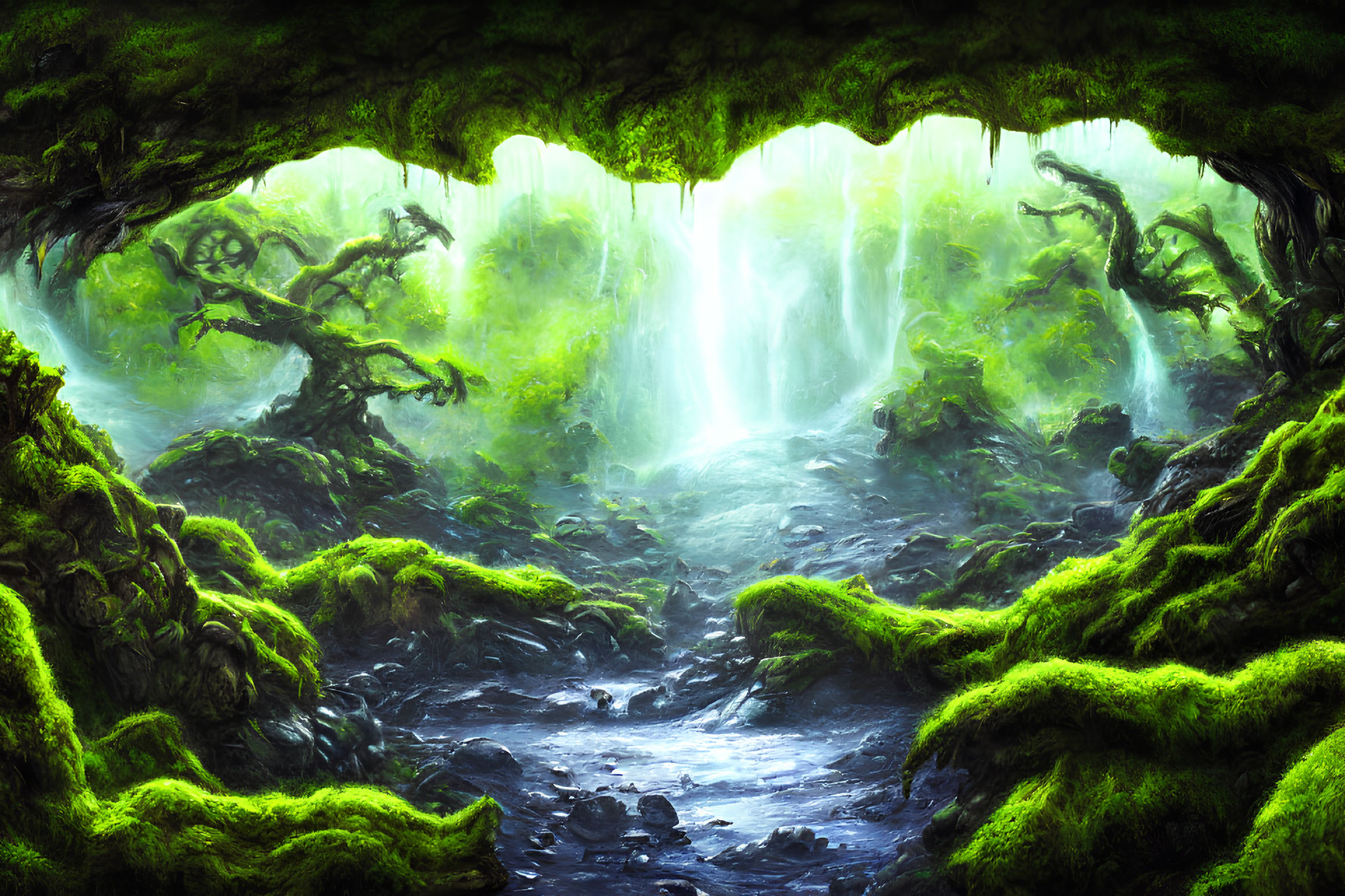 Enchanting forest scene with moss, twisted trees, and glowing waterfall