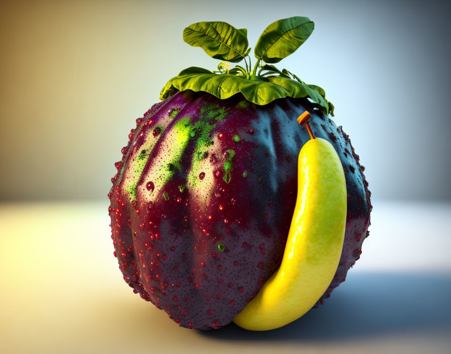 Hybrid digital fruit with plum, strawberry, banana, basil, and water droplet effect