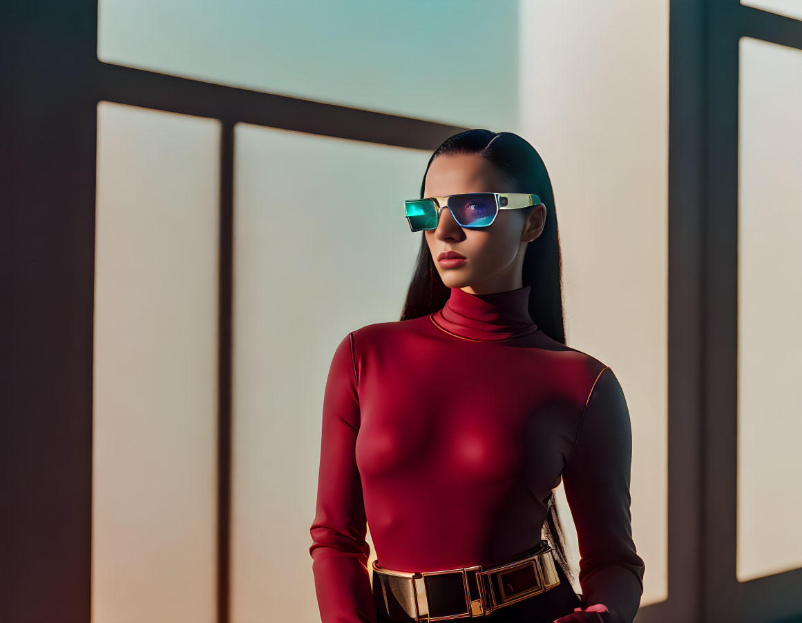 Fashionable Woman in Maroon Turtleneck and Sunglasses Poses by Modern Building