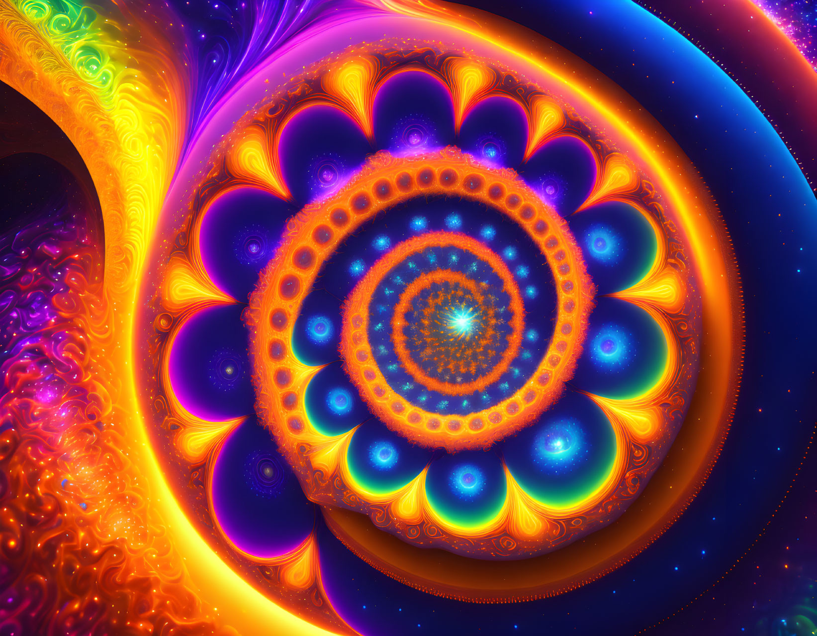 Colorful Digital Fractal Image: Swirling Blue, Orange, and Purple Mandala