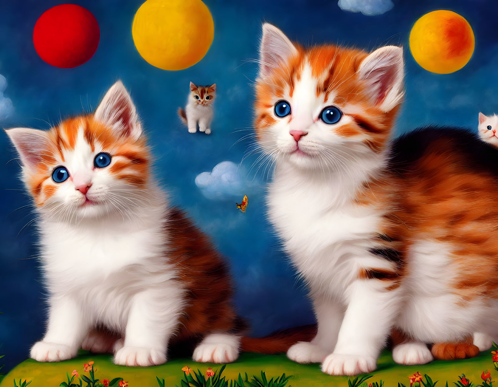 Fluffy kittens with blue eyes on grass with colorful sky balls.