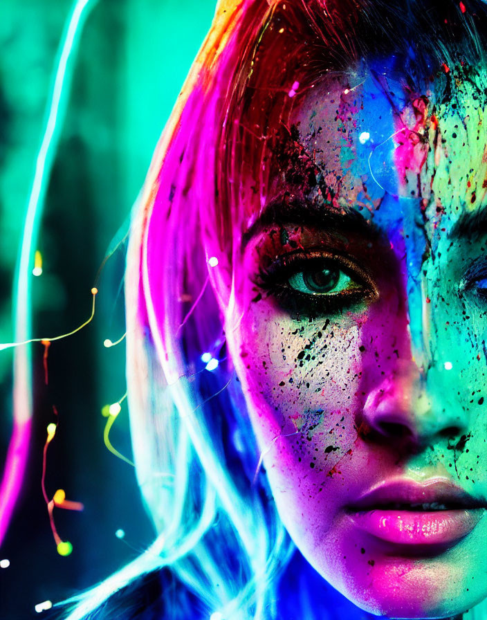 Vibrant neon paint splatters on person's face with colorful lighting.