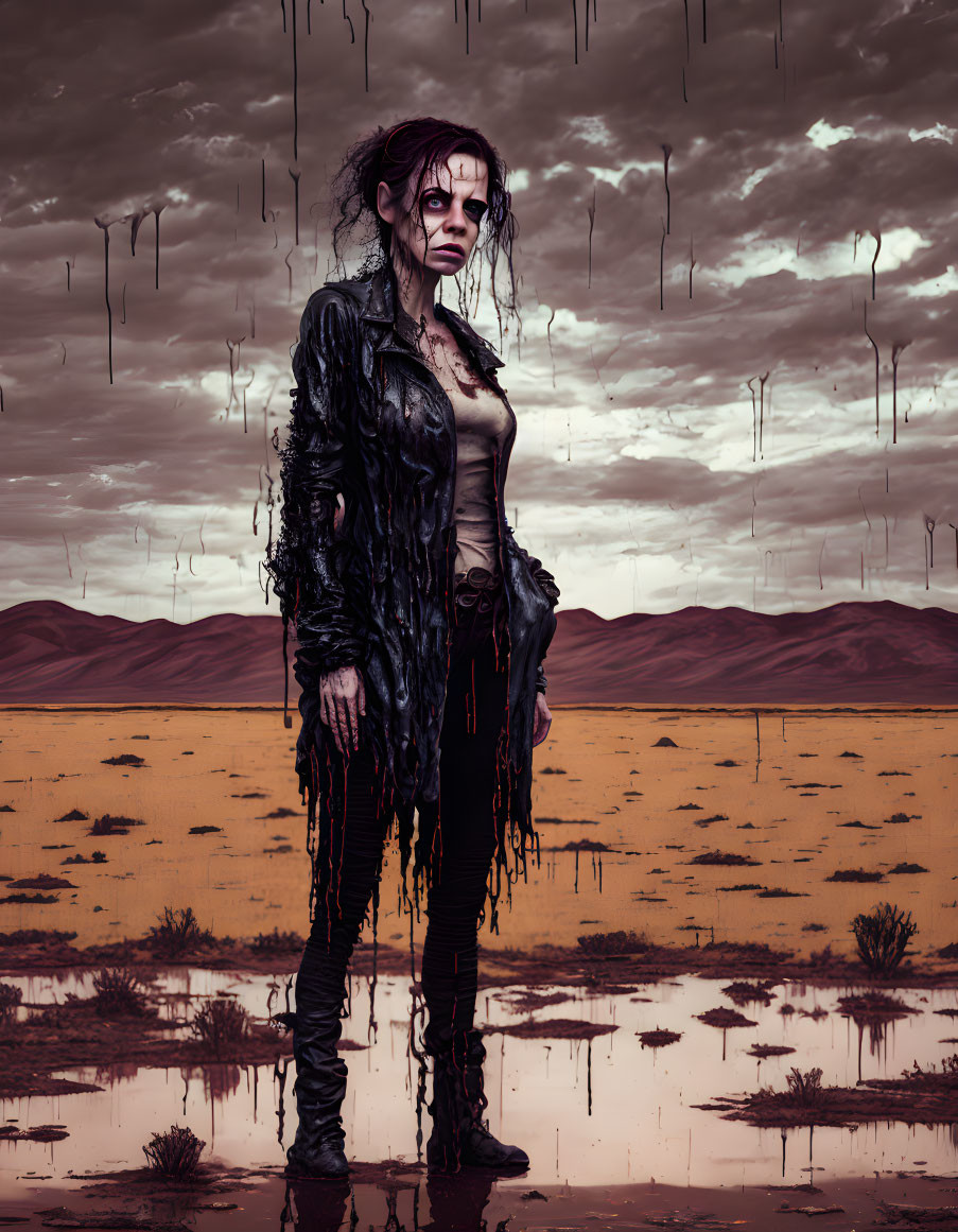 Desolate woman in dark, tattered clothes under rainy sky