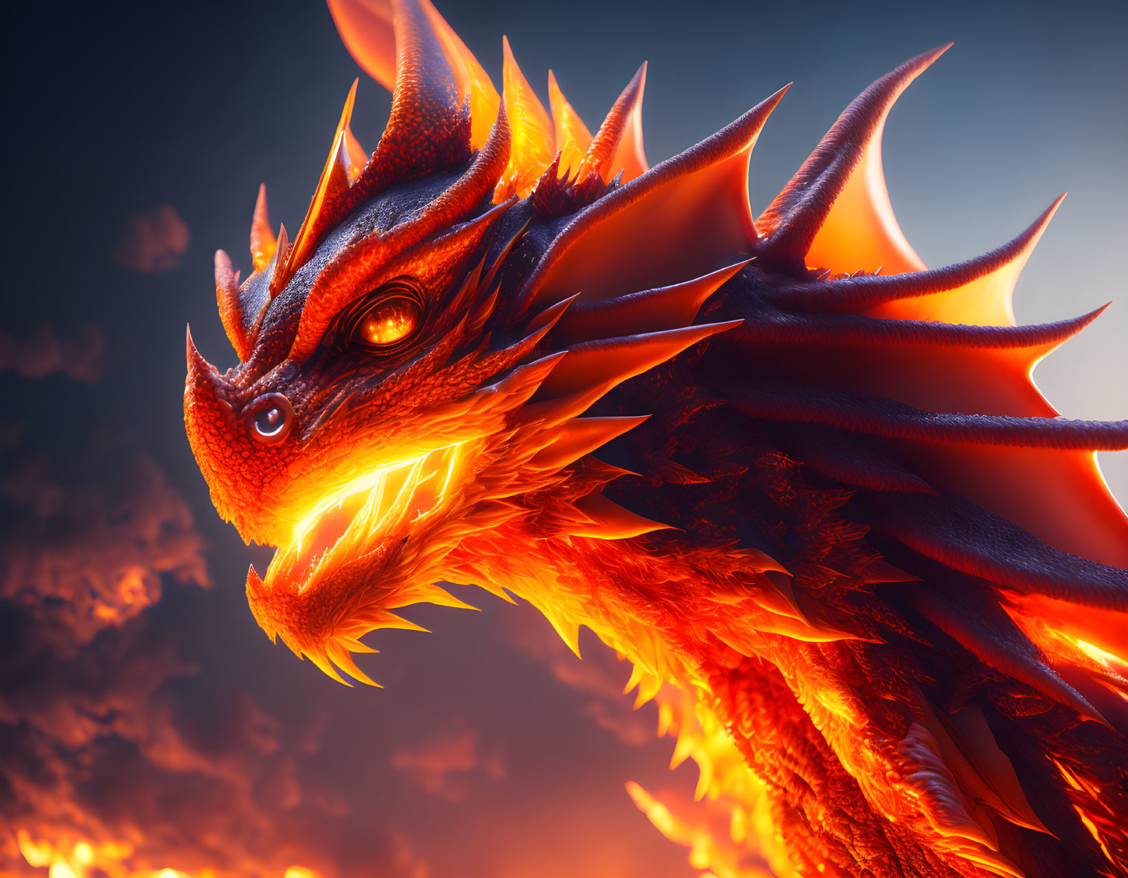 Fiery orange and red dragon in flames and smoky sky