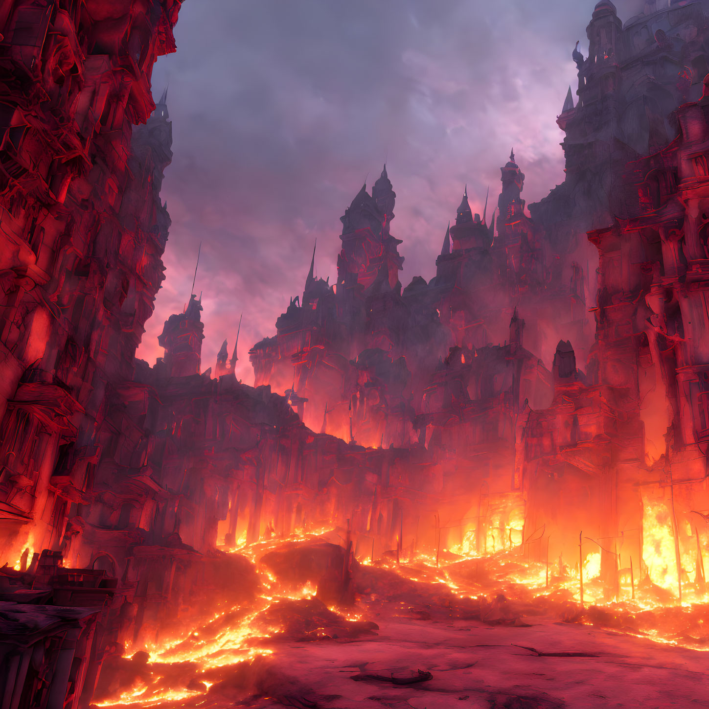 Dystopian cityscape with towering spires and glowing lava rivers