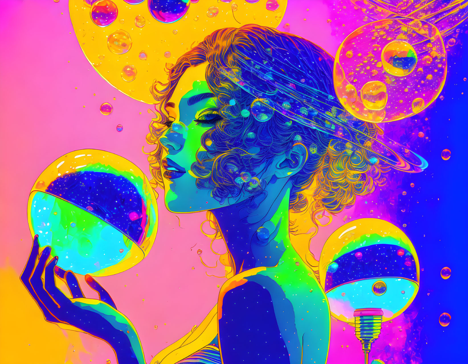 Colorful Psychedelic Illustration: Woman with Curly Hair in Cosmic Bubble Environment