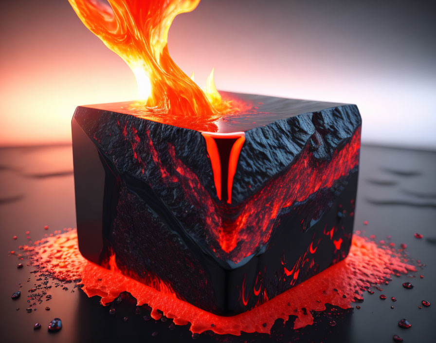 3D rendered cube with lava-like texture and glowing symbol