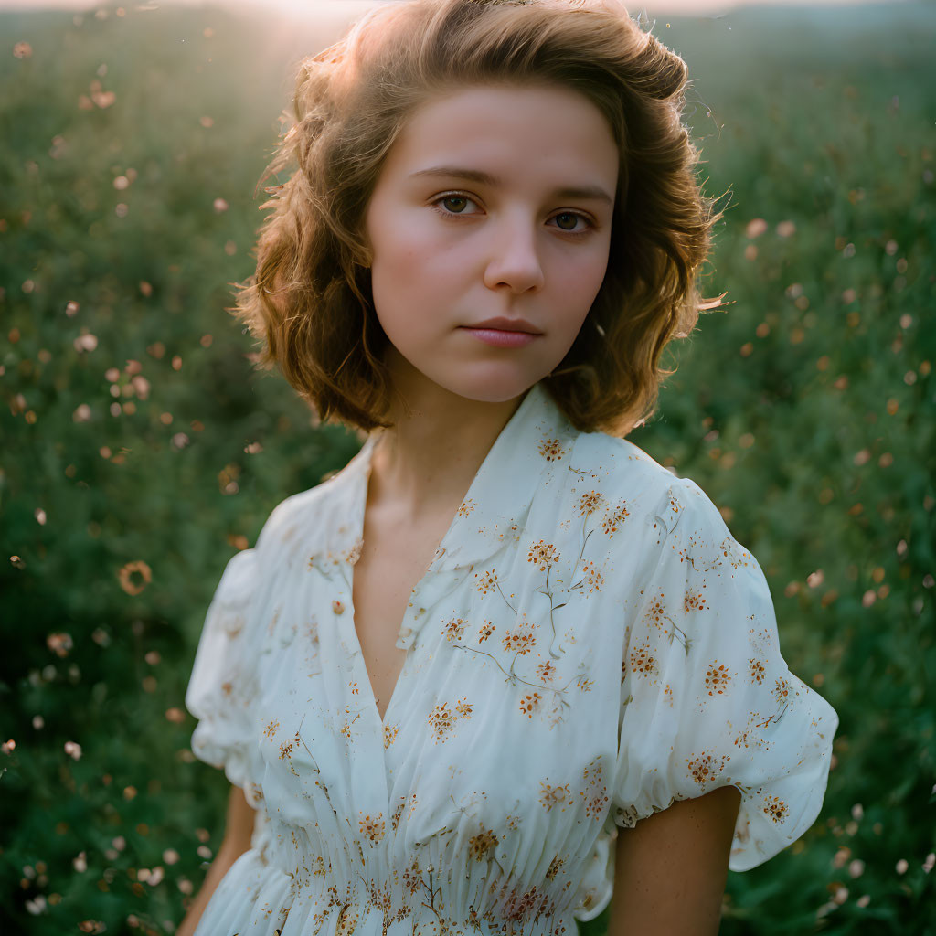 Young woman in floral dress standing in sunlit field