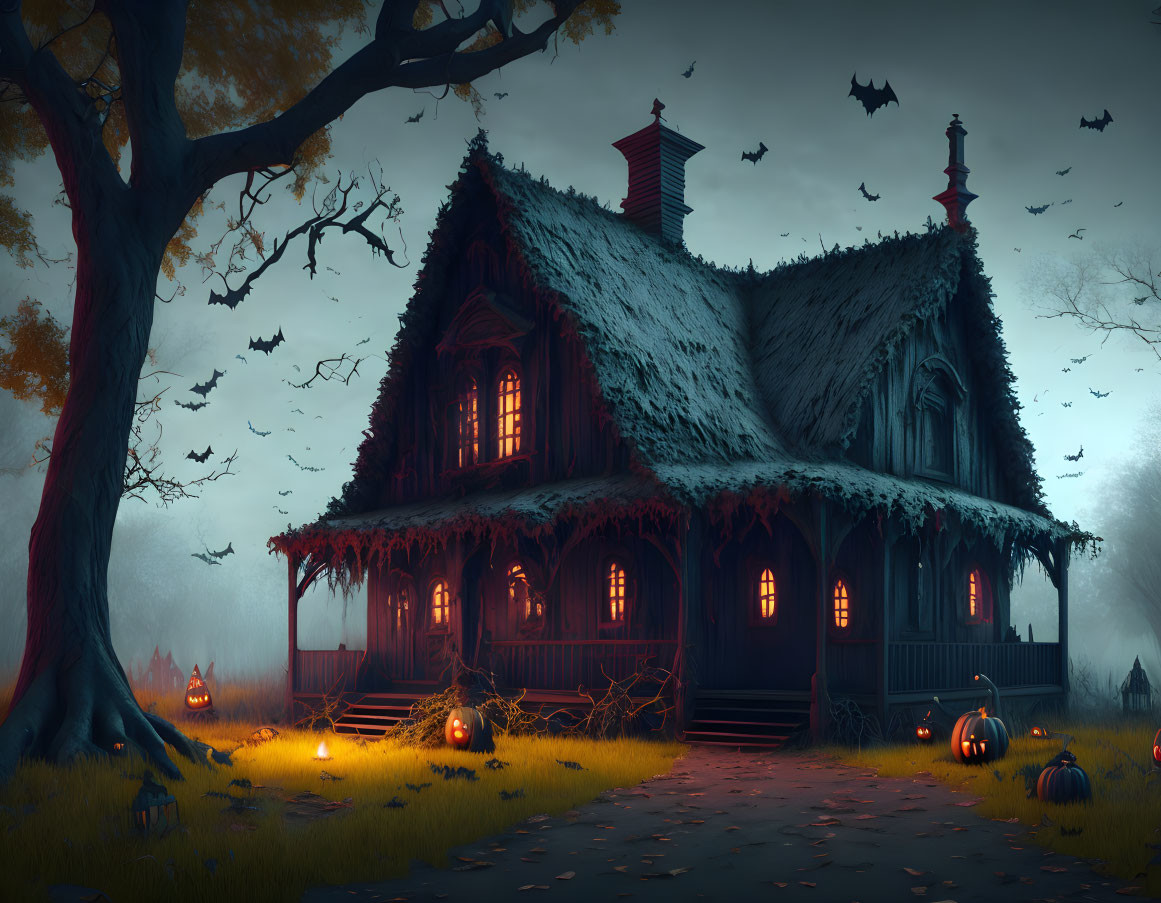 Spooky old house with thatched roof, bats, pumpkins in misty twilight