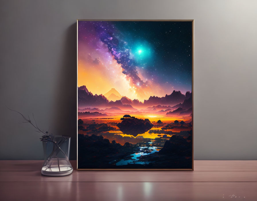 Cosmic landscape painting with mountains, starry sky, and vibrant nebula on desk