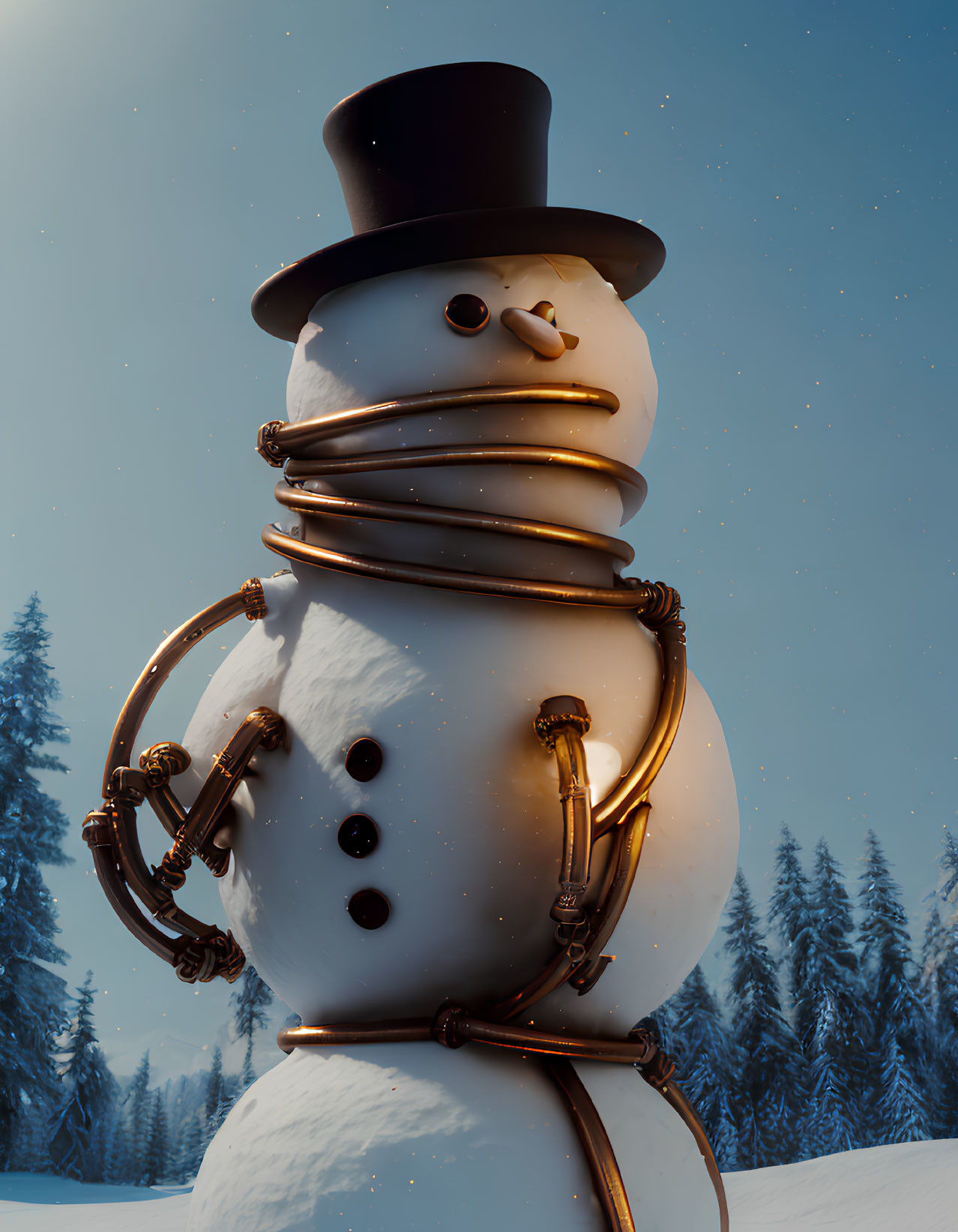 Snowman with top hat wrapped in glowing copper wire in snowy forest.