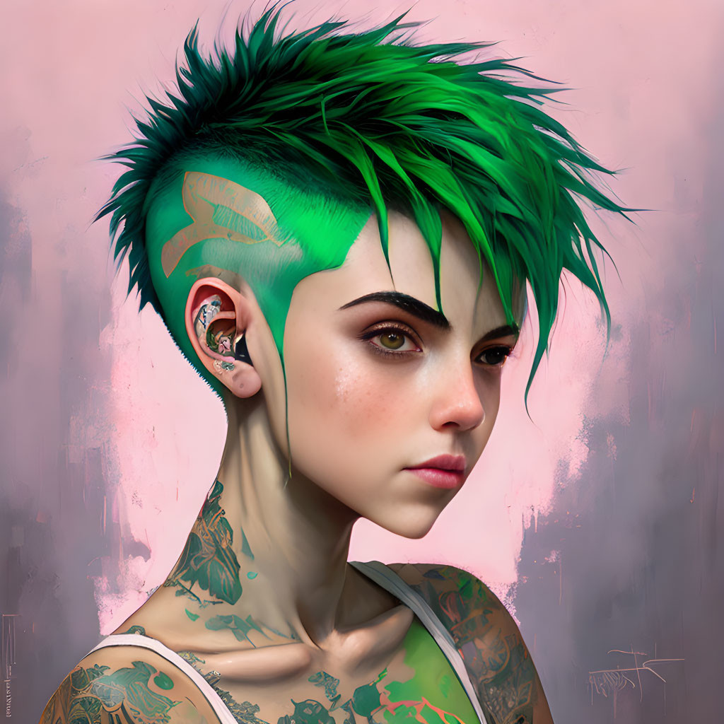 Portrait of a person with green spiky hair, earpiece, freckles, and intricate