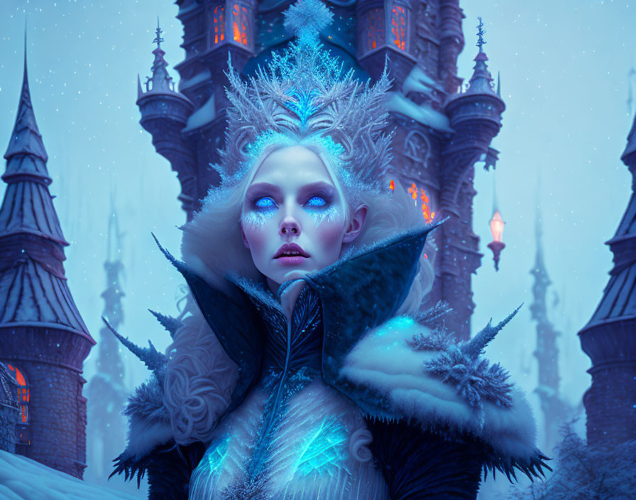 Fantasy queen with icy blue skin and crystalline crown at snowy castle