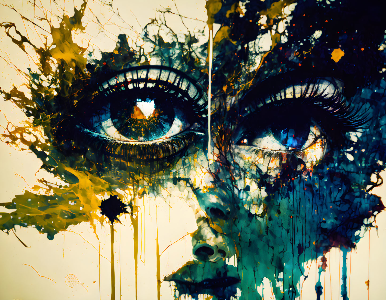 Colorful Abstract Painting of Face with Intense Liquid Eyes