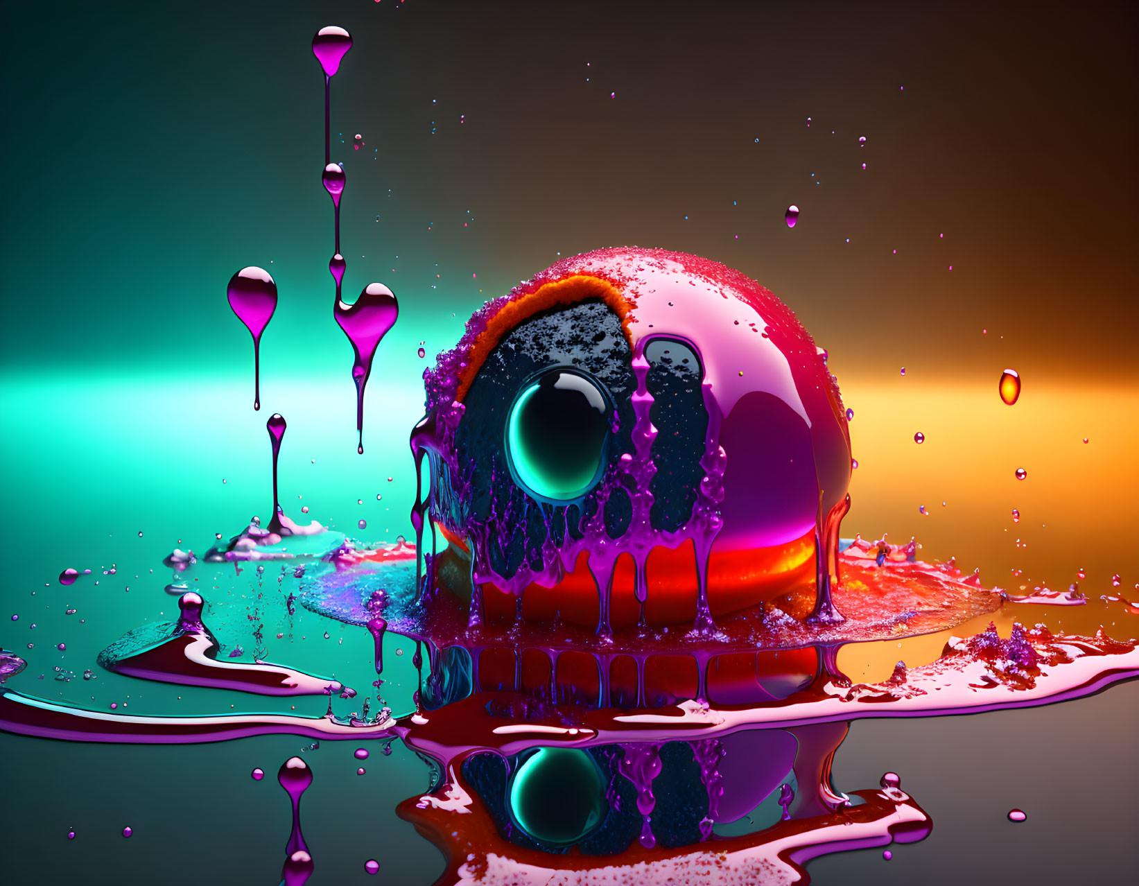 Colorful 3D-rendered melting skull with large eye in liquid splash backdrop