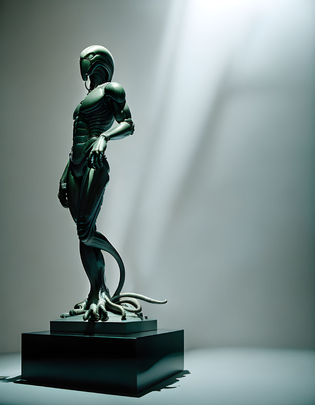 Iconic Alien Creature Sculpture in Dramatic Pose on Pedestal