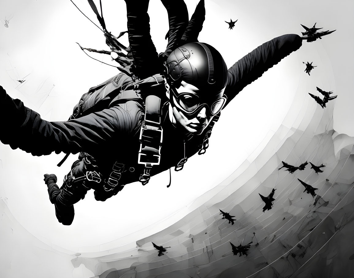 Monochrome skydiving illustration with parachute and birds in cloudy sky