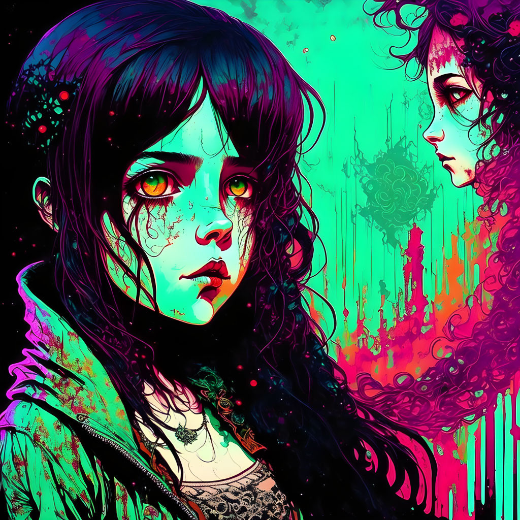 Colorful digital art of two women in urban gothic setting